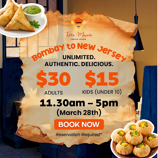 A promotional flyer for a Bombay to New Jersey food deal, showing prices $30 adults / $15 kids, 11:30am&ndash;5pm, with &ldquo;Book Now&rdquo; button and food photos. End.