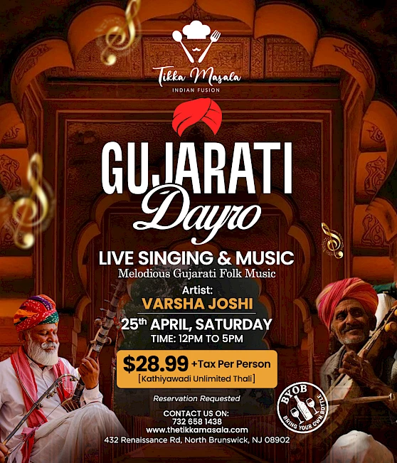 A poster for a Gujarati Dayro event with live singing, folk music, and a guest performer, priced at $28.99 per person, held on a weekend night.